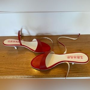 Touch, 2 inch ankle wrap leather sandle, red, made in Italy.